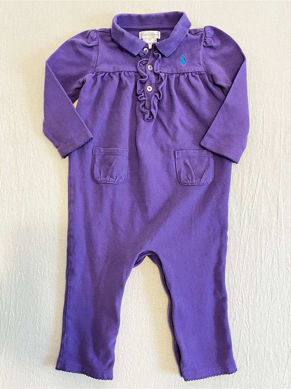 Ralph Lauren Baby Girl Cotton Ruffle Polo Romper Long Sleeve One Piece Purple